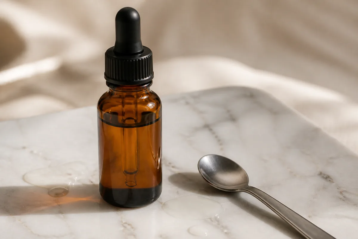 Gros plan sur un flacon de sérum en verre ambré et une petite cuillère en acier posés sur un plateau en marbre clair
