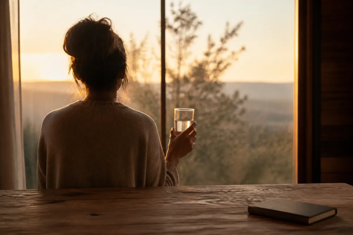 Femme de dos devant une grande fenêtre à la tombée du jour, verre d&rsquo;eau à la main, table en bois au premier plan