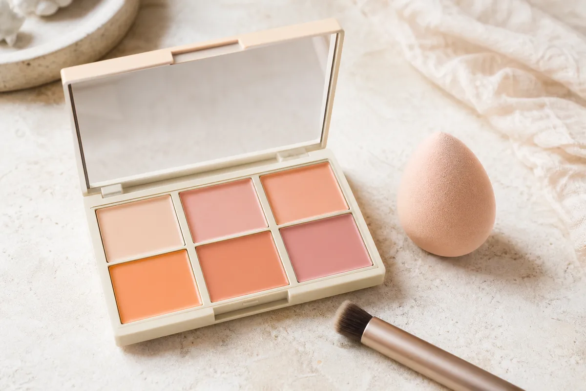 Palette de correcteurs teintes pêche et abricot posée ouverte à côté d&rsquo;une éponge de maquillage sur un plan de travail clair