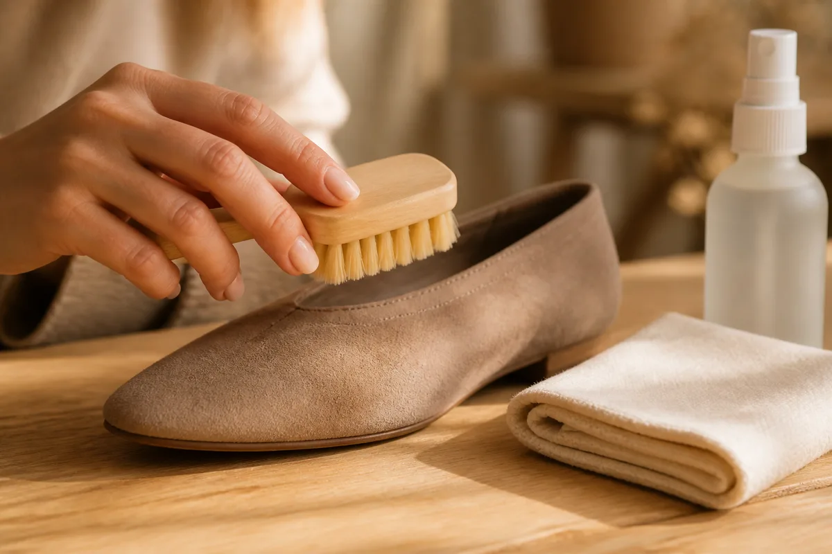 Brosse en crêpe passée sur une chaussure en daim taupe posée sur un plan de travail en bois