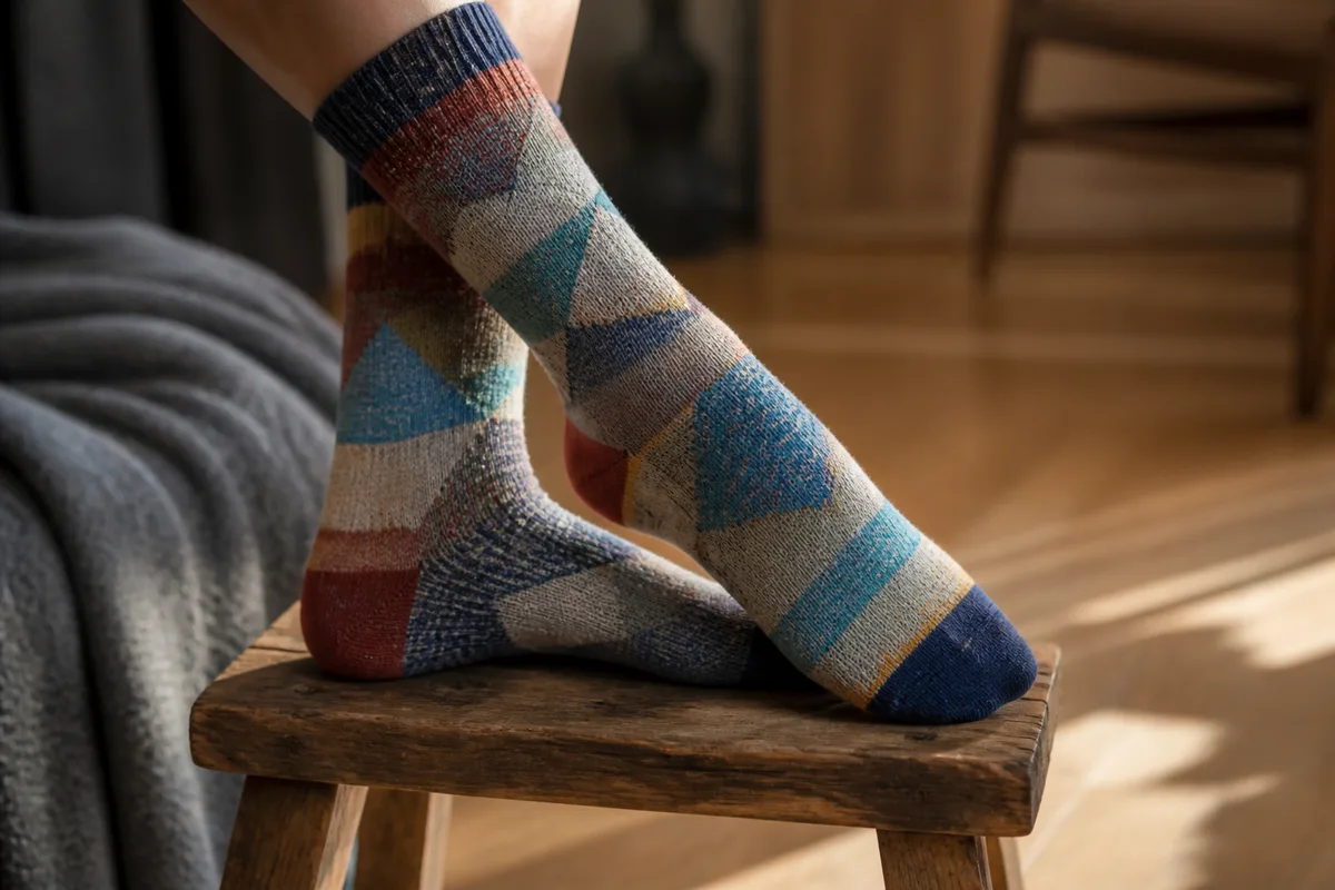 Détail de mollets et chevilles en chaussettes à motifs colorés, pieds posés sur un tabouret en bois
