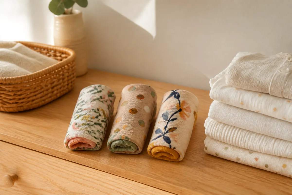 Chaussettes à motifs fleuris roulées sur une commode en bois clair, à côté d&rsquo;une pile de linge de naissance