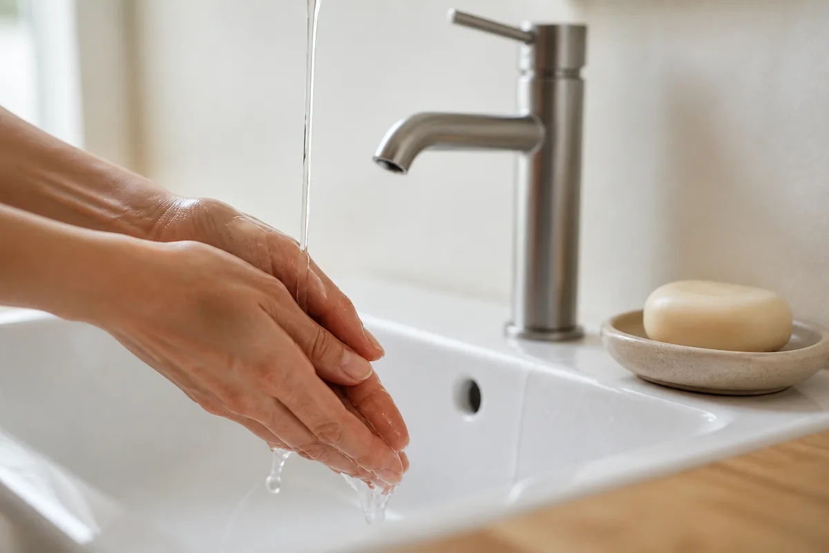 Mains sous un filet d&rsquo;eau tiède au-dessus d&rsquo;un lavabo en céramique blanche, pain de savon lisse posé sur une coupelle en grès, lumière douce de fin de matinée
