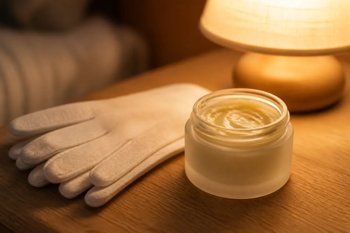 Pot de baume ouvert en verre dépoli et paire de gants en coton blanc pliés sur une table de chevet en bois clair, lampe allumée en arrière-plan flou, ambiance chaleureuse du soir