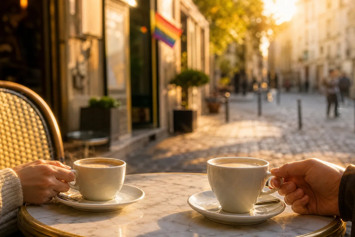 Deux tasses de café sur une table de terrasse avec un drapeau arc-en-ciel flou en arrière-plan
