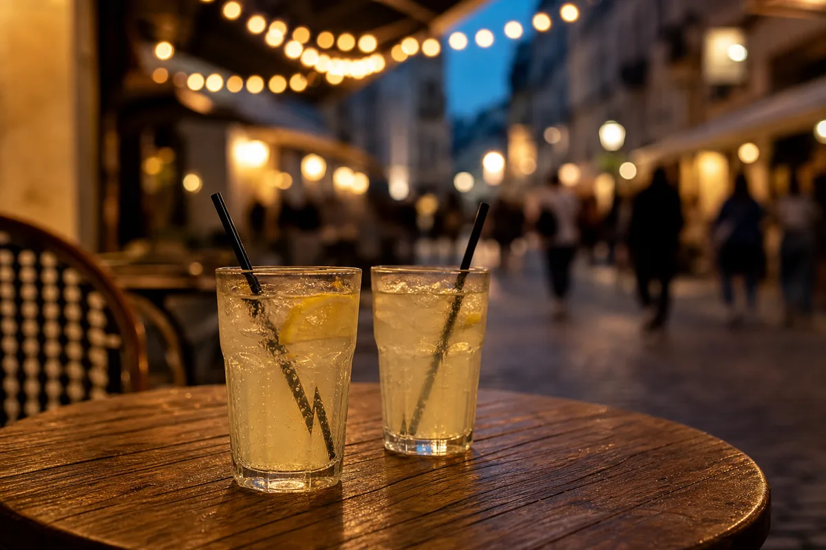 Table de terrasse de café en début de soirée avec deux verres et des guirlandes lumineuses floues