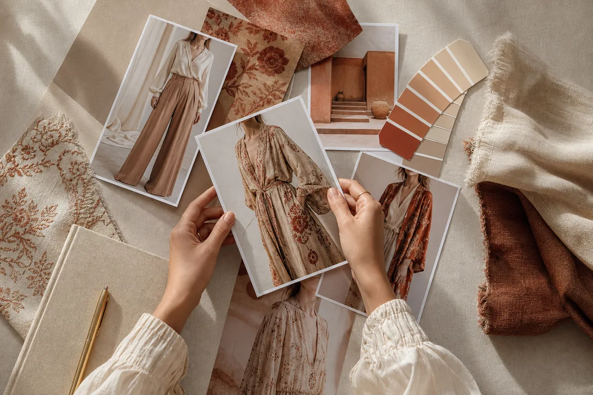Tableau d&rsquo;inspiration mode avec photos de tenues et échantillons de tissu vus de dessus