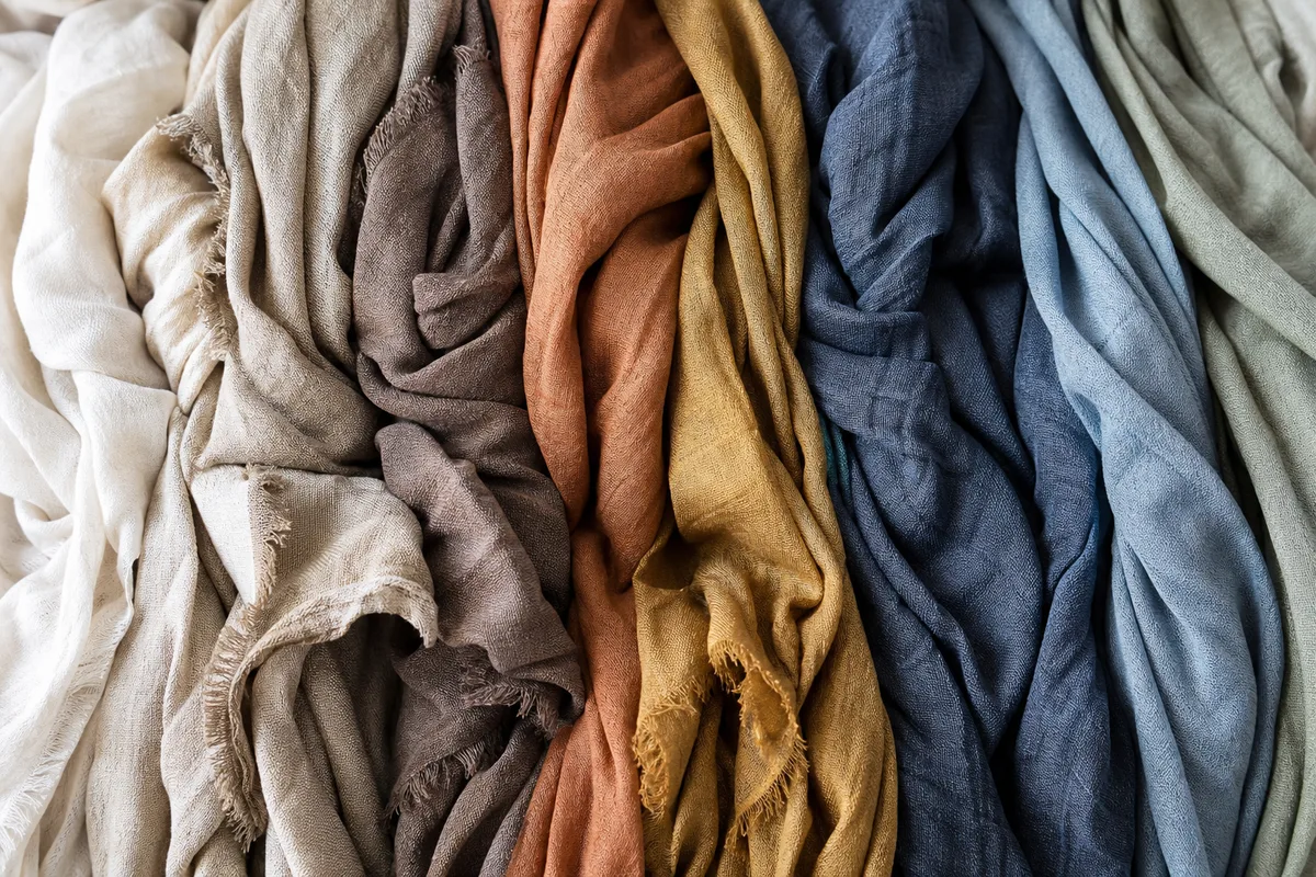 Foulards de couleurs variées drapés côte à côte pour tester la colorimétrie