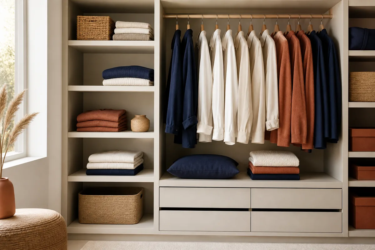 Garde-robe capsule aux pièces coordonnées soigneusement rangées sur une étagère